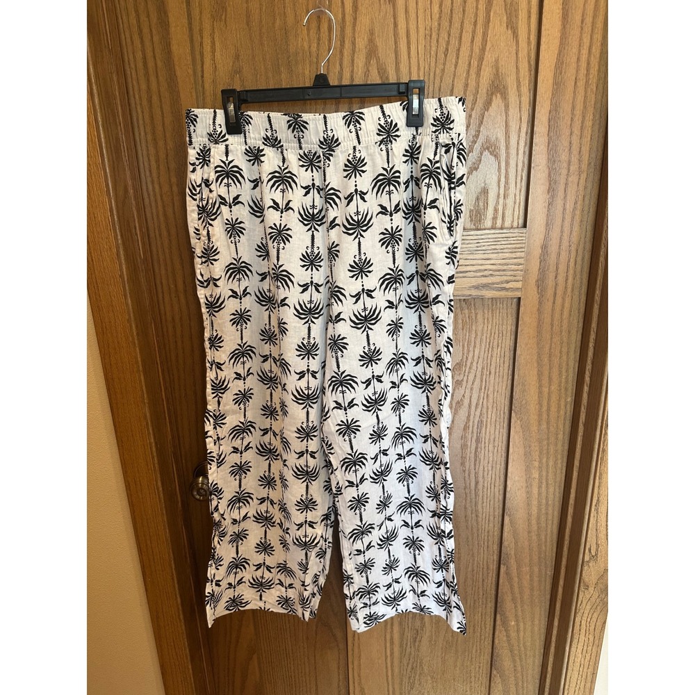 Nicole Miller New York 100% Linen Palm Tree Print Pants XL Black White Resort